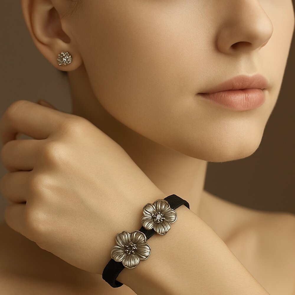 Black Leather & Silver Sparkle Flower Bracelet & Sparkle Stud Earrings - Jewelry